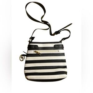 MK Fashion Black & White Stripe Faux Leather Satchel Handbag Crossbody